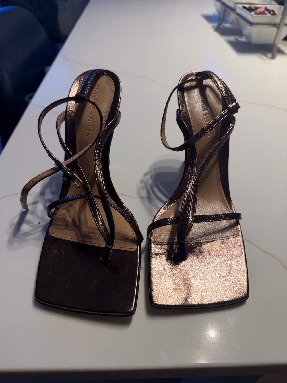 Bottega Metallic Brown Strappy Square-Toe Heel